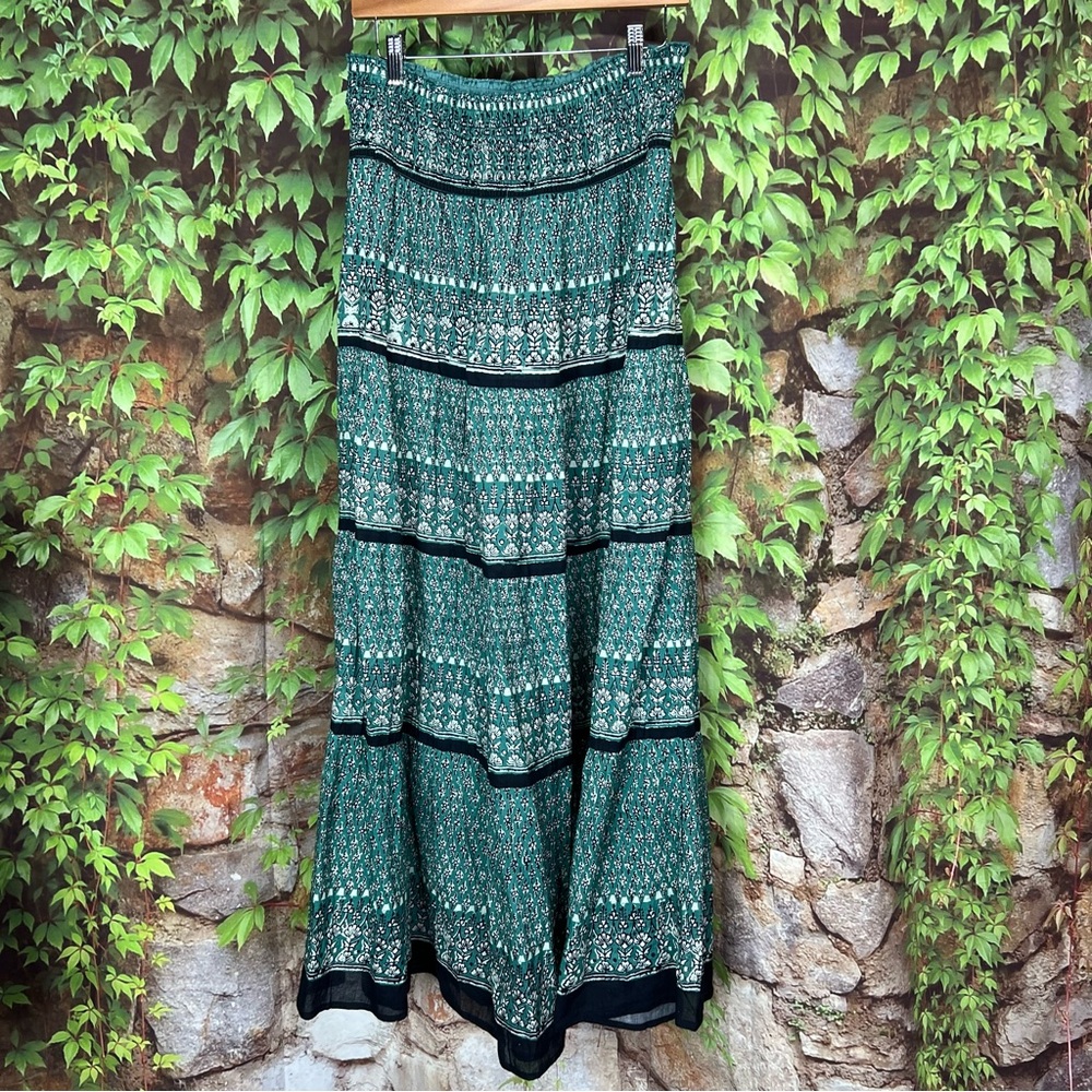 M.A.B.E. Mari Boho Patterned Green Shirred Maxi Skirt, M - Picture 12 of 16